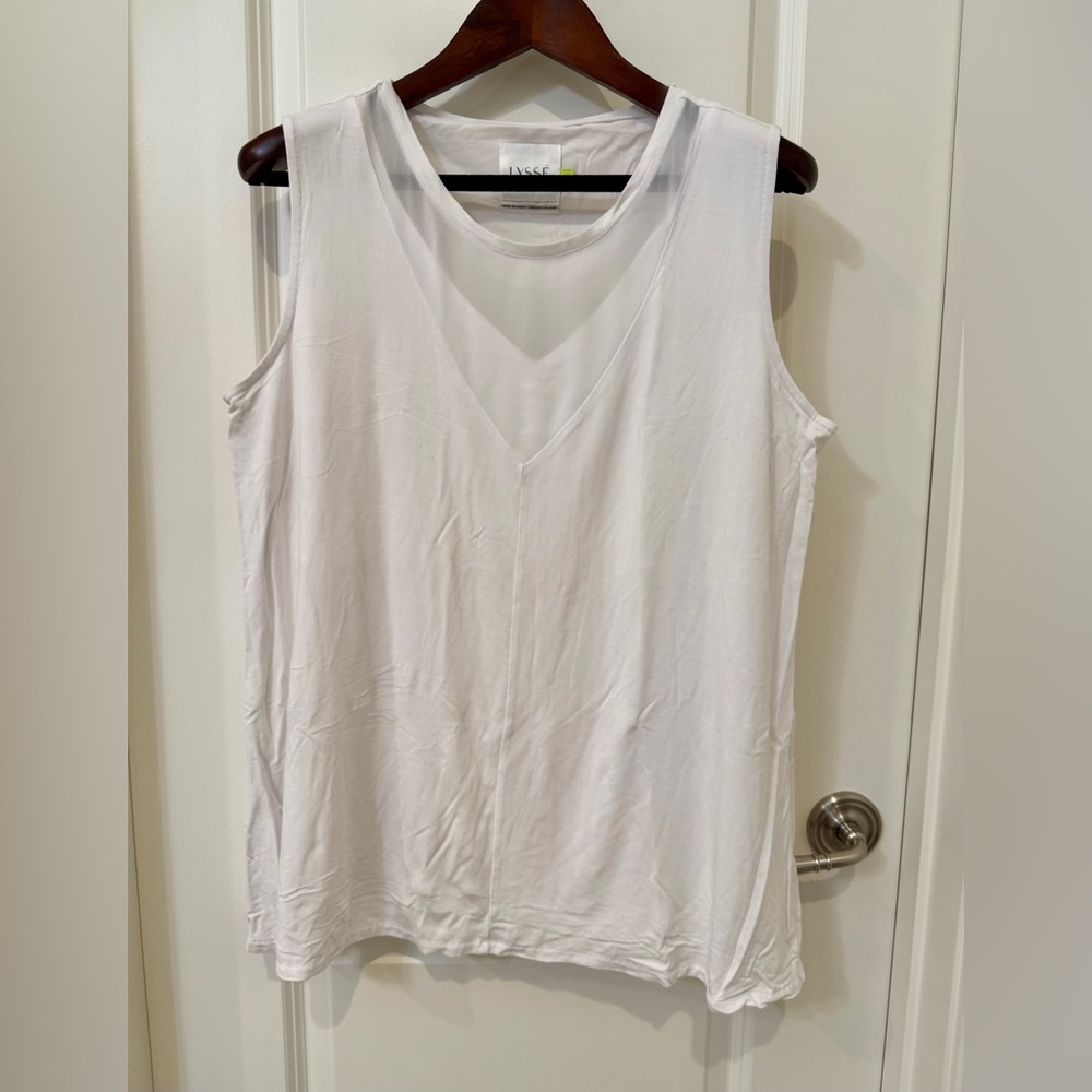 Lysse White Sleeveless Sheer V Workout Top Size XL